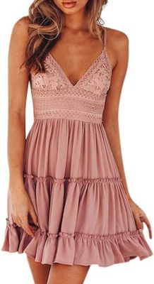 Różowa rozkloszowana sukienka haft falbana wiązane plecy S 36