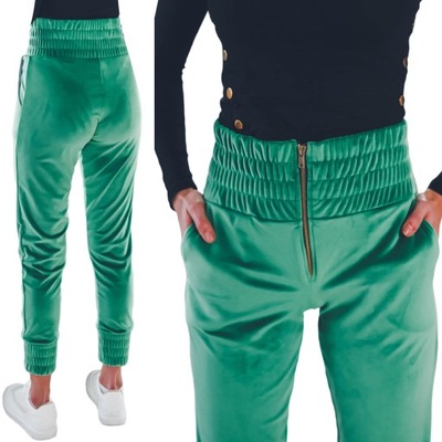 Damskie spodnie dresowe welurowe zielone joggery S