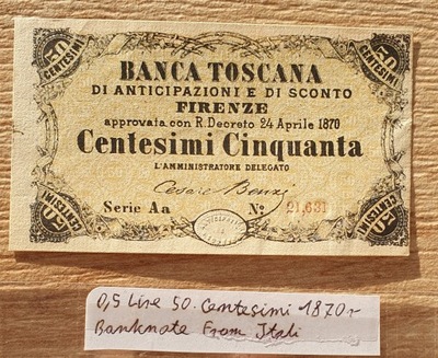 50 Centów Banknot Włochy 1870r UNC