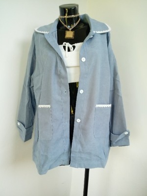 Wiosenna niebieska dłuższa kurtka narzutka XL XXL koronkowe lamówki wiosna