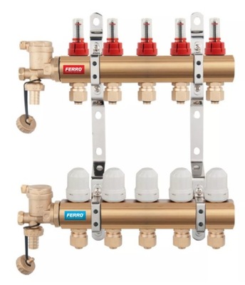 Ferro Rozdzielacz mosiężny 8-sekcyjny 8 obwodów z zaworami i przepływomierz