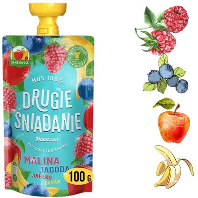 Dawtona DRUGIE ŚNIADANIE MUS 100% OWOCOWY MALINA JAGODA JABŁKO BANAN 100G