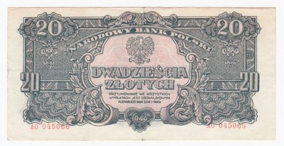 Banknot 20 zł 1944, seria AO (owym), st. 3+, piękny