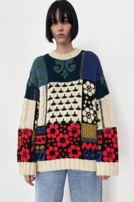 Zara dzianinowy sweter w stylu patchwork M