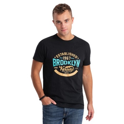 T-shirt męski bawełniany z nadrukiem collegowym czarna V1 OM-TSPT-0163 XL