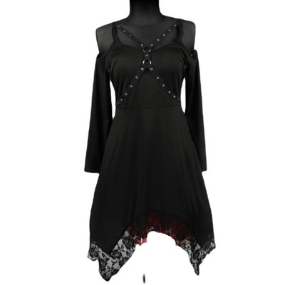 Czarna sukienka z paskami koronka gothic z uprząż M 38