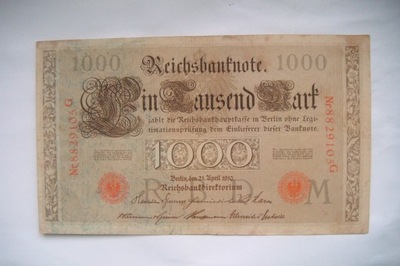 Banknot Niemcy 1000 Marek 1910 r. seria G