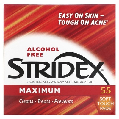 Stridex, Maximum, Alcohol Free, 55 miękkich płatków kosmetycznych