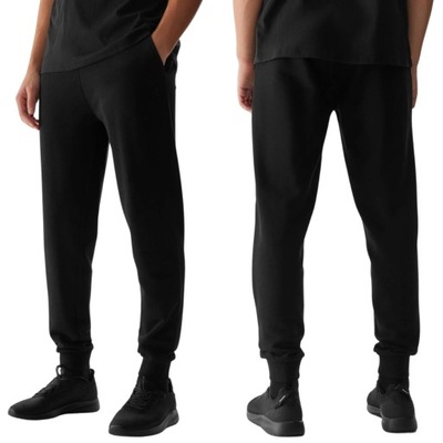Męskie Spodnie Dresowe 4F Bawełniane Czarne ze Ściągaczami Kieszenie S