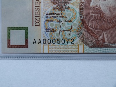 10 ZŁ 1994 EPQ66 AA 000 5072 trzy zera! CM196a UNC MIESZKO I