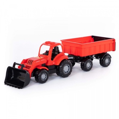 Traktor złyżką i przyczepą czerwono - czarny