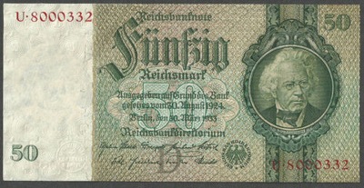 NIEMCY 50 Reichsmark 1933 P-182a Ros#175a UNC