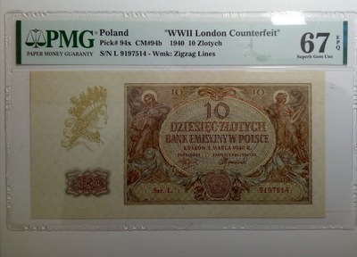 10 zł 1940 London Counterfeit PMG 67 EPQ TOP-POP