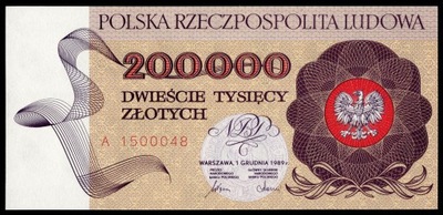 31.ac Banknot PRL 200000 zł seria A 1989 r. / UNC / Bankowy