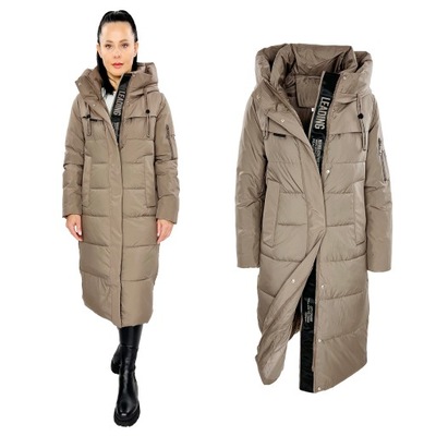 Zimowa kurtka/płaszcz z kapturem do kolana - CCAPPUCCINO- M