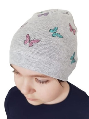 Cienka czapka dla dziewczynki szara w motyle