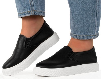 TRAMPKI CZARNE TENISÓWKI SLIP ON SKÓRZANE 40