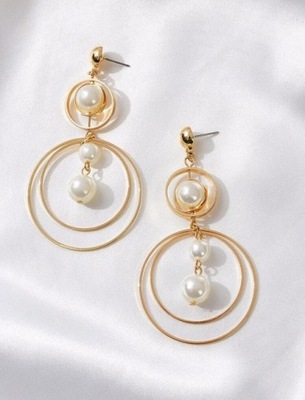 Kolczyki złote długie duże podwójne koła obręcze z perłami