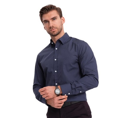 Koszula męska bawełniana we wzory SLIM FIT granatowa V6 OM-SHCS-0151 XXL