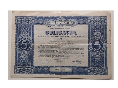 OBLIGACJA WARTOŚĆ 5 DOLARÓW 44,57 ZŁOTYCH 1931