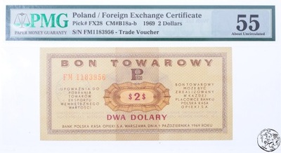 Polska, PKO, 2 dolary FM, bon towarowy 1969, PMG 55