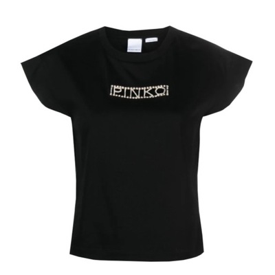 -20% PINKO T-SHIRT DAMSKI INTERLOCK LOGO STRASS CZARNY S