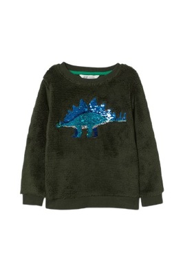 H&M bluza futerko zielona dinozaur cekiny 104