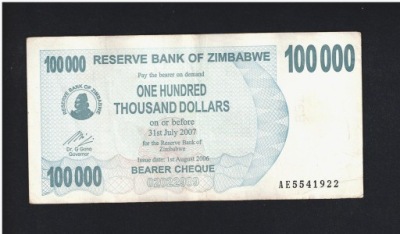 BANKNOT ZIMBABWE -- 100000 Dollars -- 2007 rok