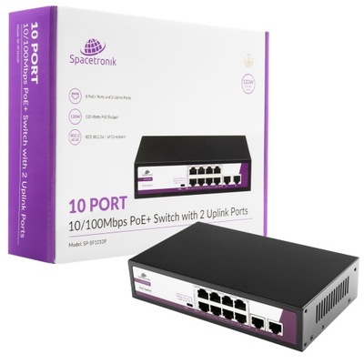 SWITCH CCTV 10 portowy 100Mbps POE 120W 8x port POE 2x Uplink SP-SF1010P