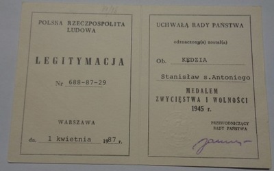 LEGITYMACJA MEDALU ZWYCIĘSTWA I WOLNOŚCI 1945