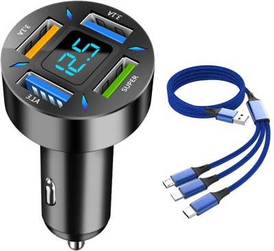 TRAGALUZ DISPOSITIVO DE CARGA DE AUTOMÓVIL 4XUSB 7A (3XQC) POTENTE 66W SZYBKI CABLE 3W1  