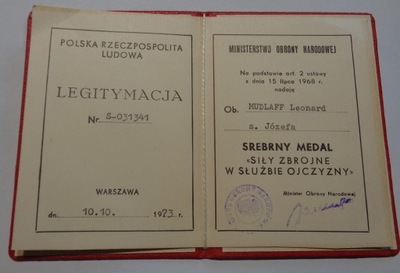 LEGITYMACJA SREBRNEGO MEDALU SIŁY ZBROJNE W SŁUŻBIE OJCZYZNY