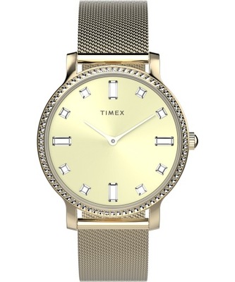 Elegancki zegarek damski złoty na bransolecie TIMEX TW2W19300 z cyrkoniami