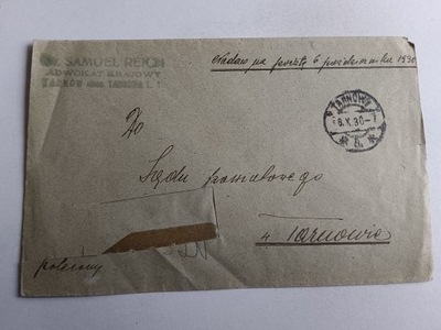 KOPERTA STEMPEL ZNACZEK TARNÓW ADWOKAT SAMUEL REICH 1930 R 16844 A