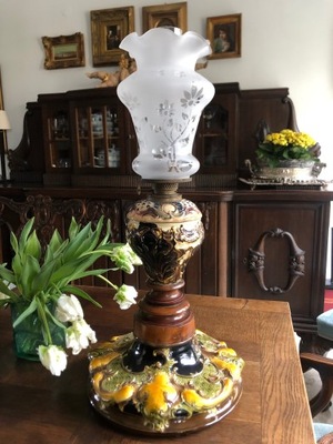 Lampa naftowa duża majolika przełom XIX/XX wieku 70cm
