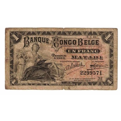 Banknot, Kongo Belgijskie, 1 Franc, 1920, 1920-01-