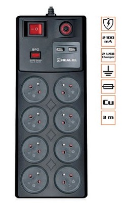 Listwa zasilająca z 2 USB REAL-EL FRS-8F 16A 3m
