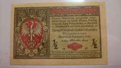 Banknot 1/2 marki Generał 1916 seria B stan 2