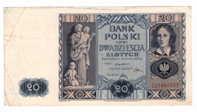 BANKNOT POLSKA 20 ZŁ 1936 STAN 2- , SERIA CS