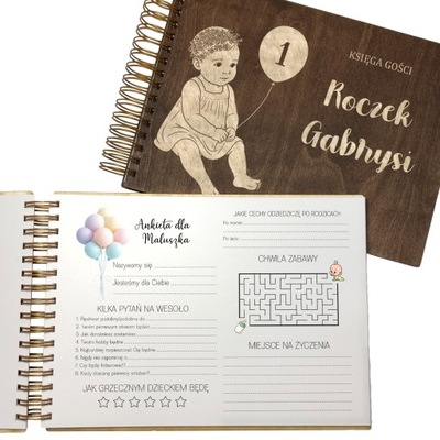 DREWNIANA KSIĘGA GOŚCI Z ANKIETAMI NA BABY SHOWER CHRZEST ROCZEK DZIECKA