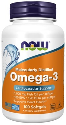 NOW Foods Omega-3 1000mg Kwasy 180mg EPA 120mg DHA Molecularly Dist. 100k