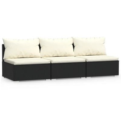 Klasyczna sofa rattanowa 3-osobowa, czarna, z poduszkami kremowymi, 210x70x