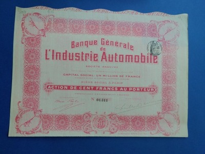 Banque Gen. Ind. Automobile, akcja na 100 fr.