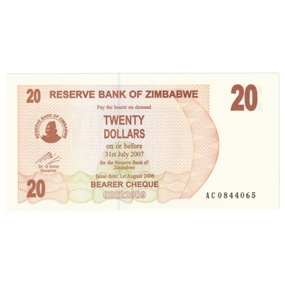 Banknot, Zimbabwe, 20 Dollars, 2006, 2006-08-01, K