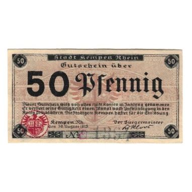 Banknot, Niemcy, Kempen a. Rh. Stadt, 50 Pfennig,