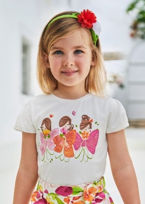 Koszulka dziewczęca MAYORAL 3080 kremowa z kolorową aplikacją - 128