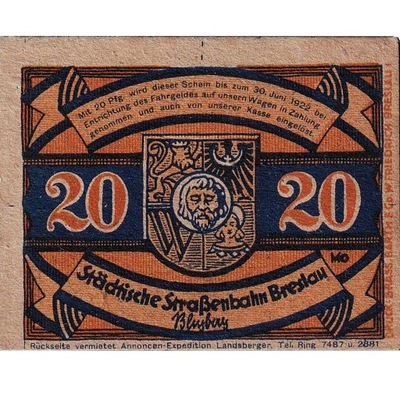 Banknot, Niemcy, Breslau, 20 Pfennig, texte 1, 192