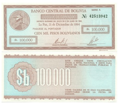 BOLIWIA 100000 PESOS BOLIVIANOS 1984 P-188 UNC