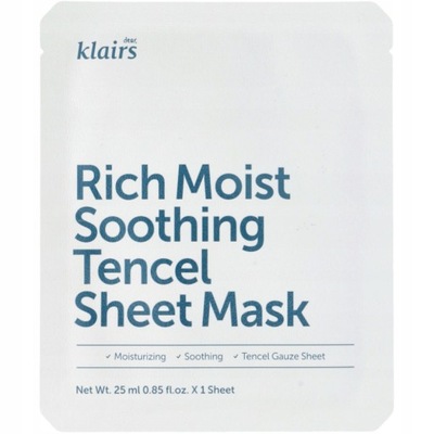 KLAIRS RICH MOIST SOOTHING TENCEL SHEET MASK MASKA DO TWARZY W PŁACIE