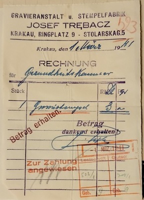 JOSEF TRĘBACZ – GRAVIERANSTALT u. STEMPELFABRIK – RECHNUNG – KRAKU – 1941